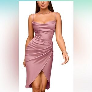 HTZMO NWT Satin Slip Dress Cowl Neck Backless Ruched Bodycon Sexy Club M…